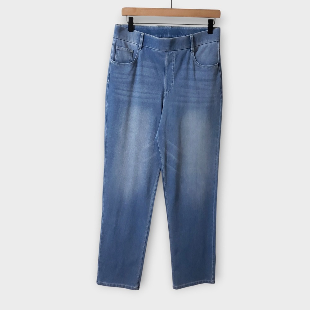 Halara Flex High Waisted Tummy Control Straight Leg Pull On Jeans Blue Spruce L